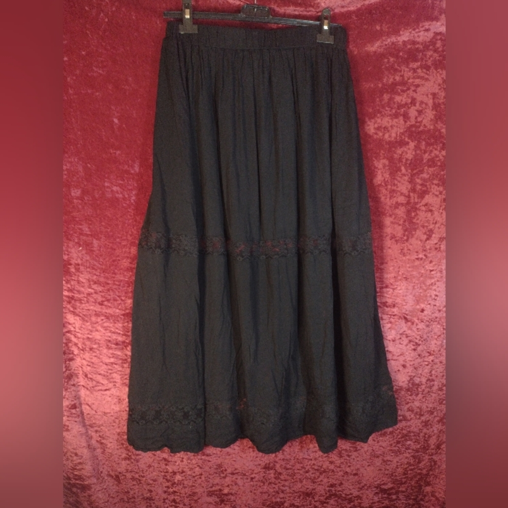 Allegra K Black Rayon Midi Skirt Lace Accent Elastic Waist M